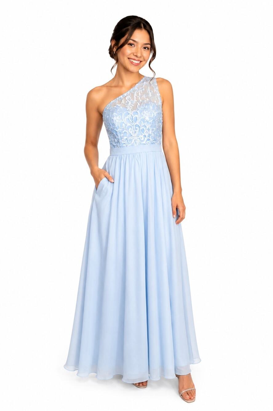 Light Blue One Shoulder Lace Chiffon Formal Prom Dress w/ Pockets Long Size 12